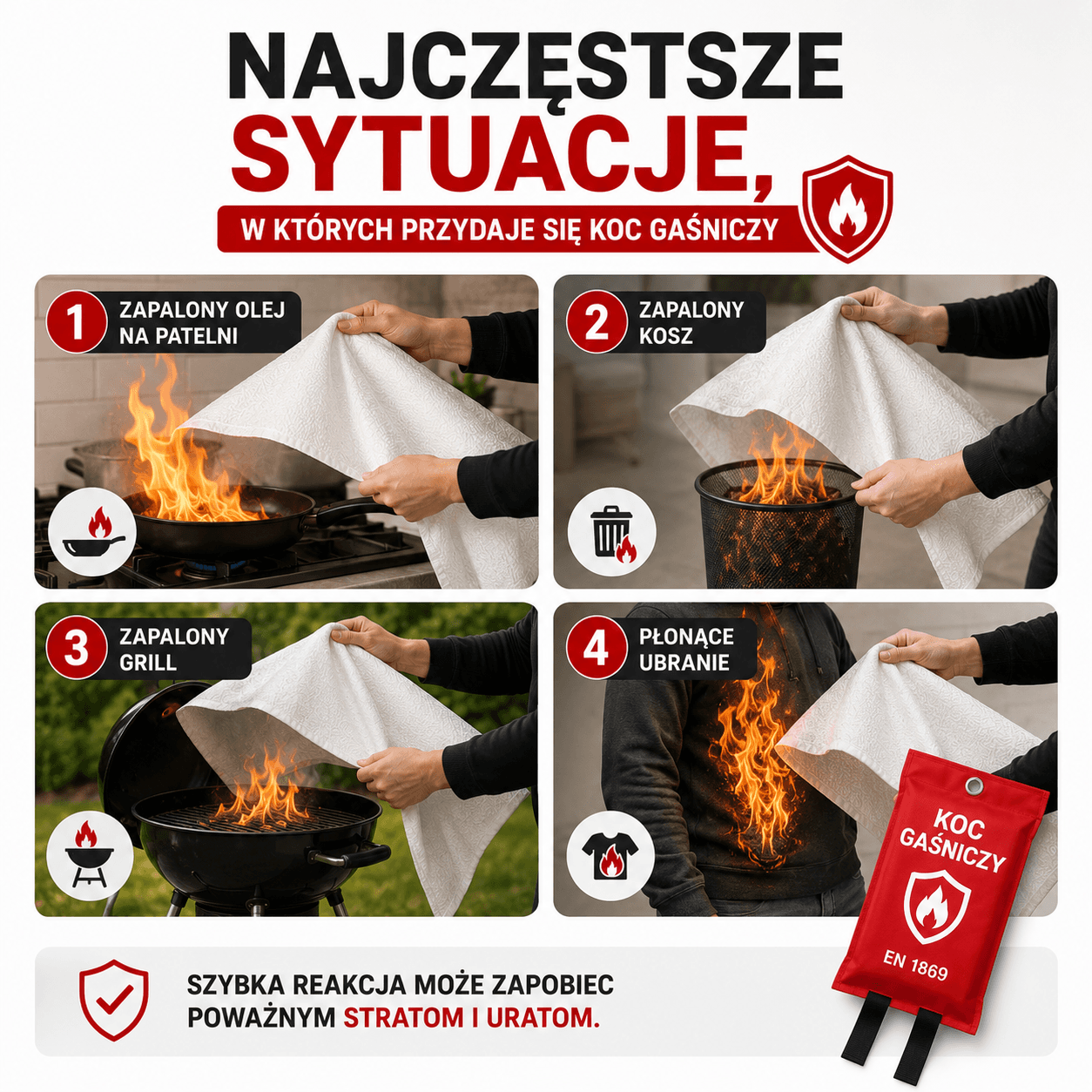 Najczęstsze sytuacje, w których przydaje się koc gaśniczy.
